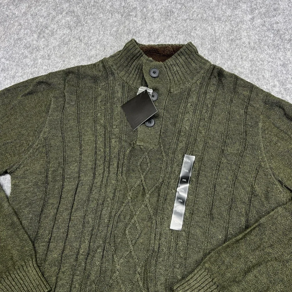 Tricots St Raphael Sweater Mens 2XL Green Cable Knit‎ Mock Neck Button Pullover